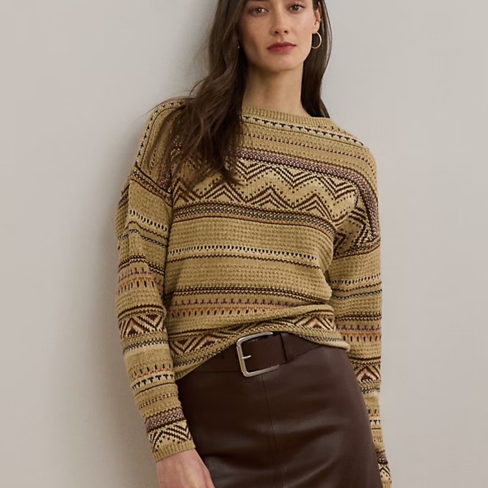 Ralph Lauren Black Label Patterned GeoStriped Cotton Linen XXL Beige Sweater